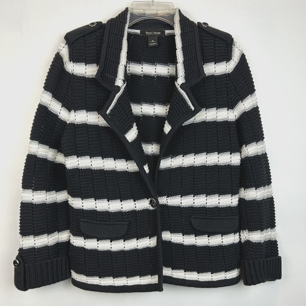 Sweater Blazer Womens Medium Striped Black White Layer Career Nautical Read